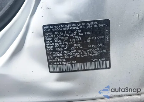 2022 Volkswagen Atlas 3.6L V6 Sel R-Line z USA, uszkodzony, nr VIN 1V2AR2CA2NC547804